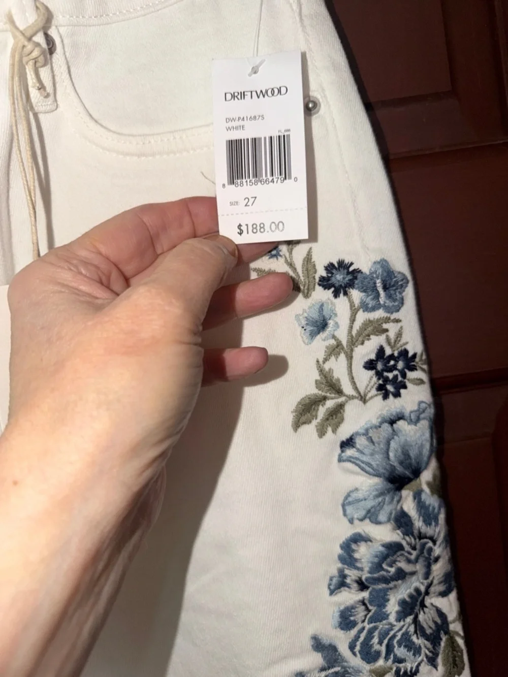 DRIFTWOOD White Flared Jeans with Blue Floral Embroidery - Picture 5 of 7